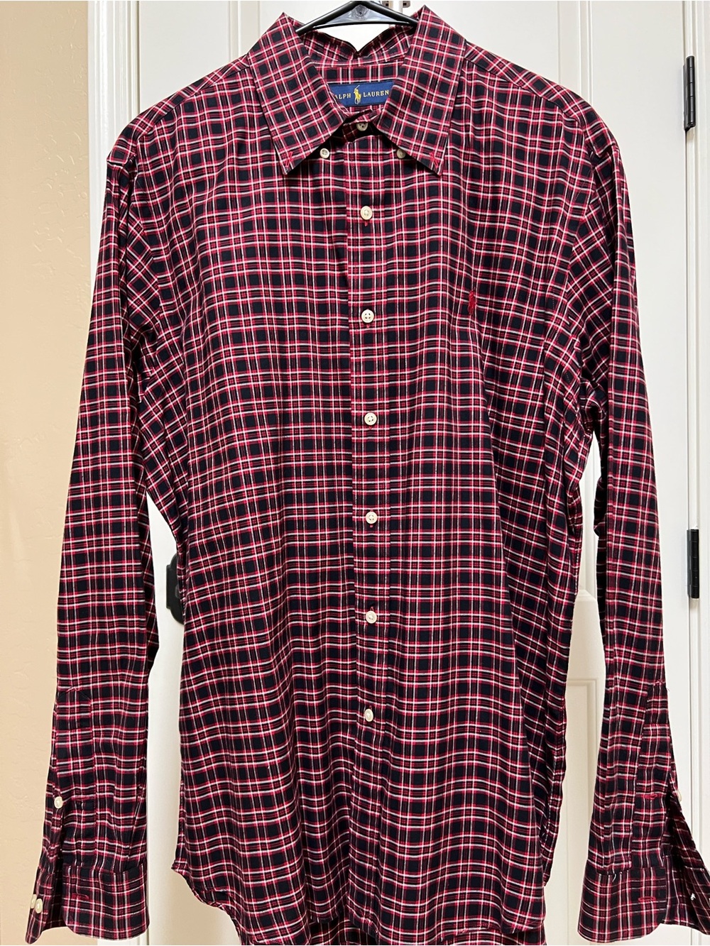Ralph Lauren Men’s Black and Red Plaid Button-Down Light Flannel Shirt